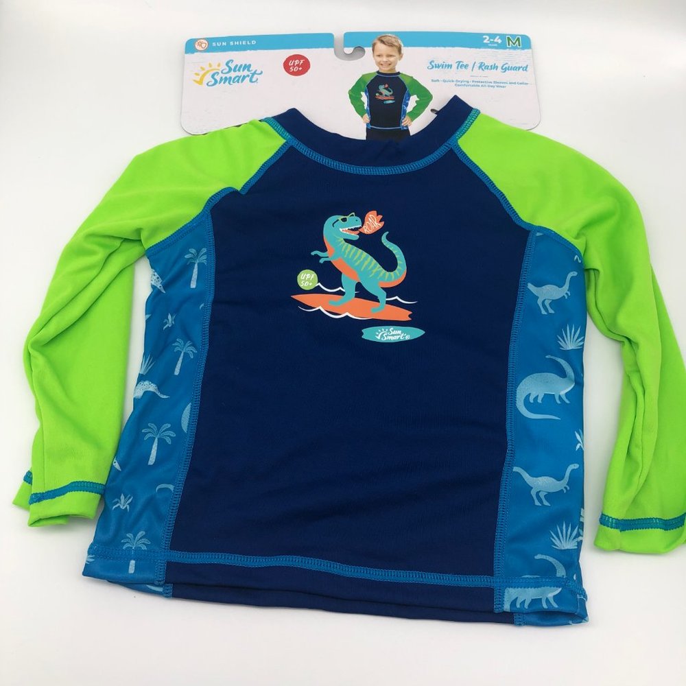 Sun Smart Kids Swim Tee Shirt Rash Guard UPF 50+, Surfing Dinosaur, Medium NWT